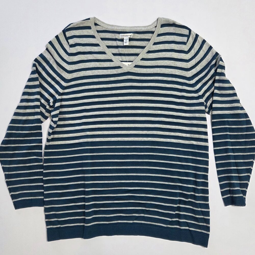 Striped V-Neck Navy & Gray Long Sleeve Sweater by Croft & Barrow, 1X, NWT